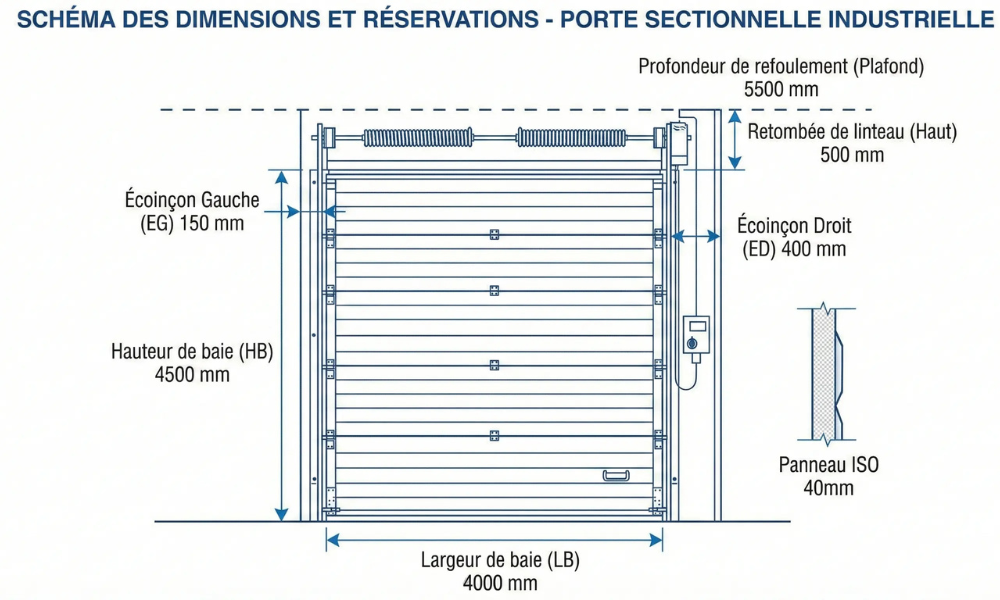 schéma dimension porte sectionnelle industrielle